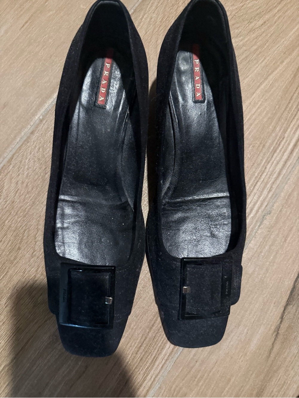 Prada Black Suede Square-Toe Buckle Flats